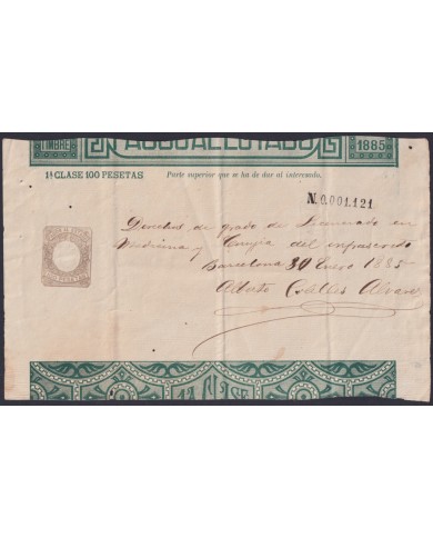 E6534 ESPAÑA SPAIN 1885 INGRESOS PAGOS AL ESTADO 100 ptas BARCELONA.
