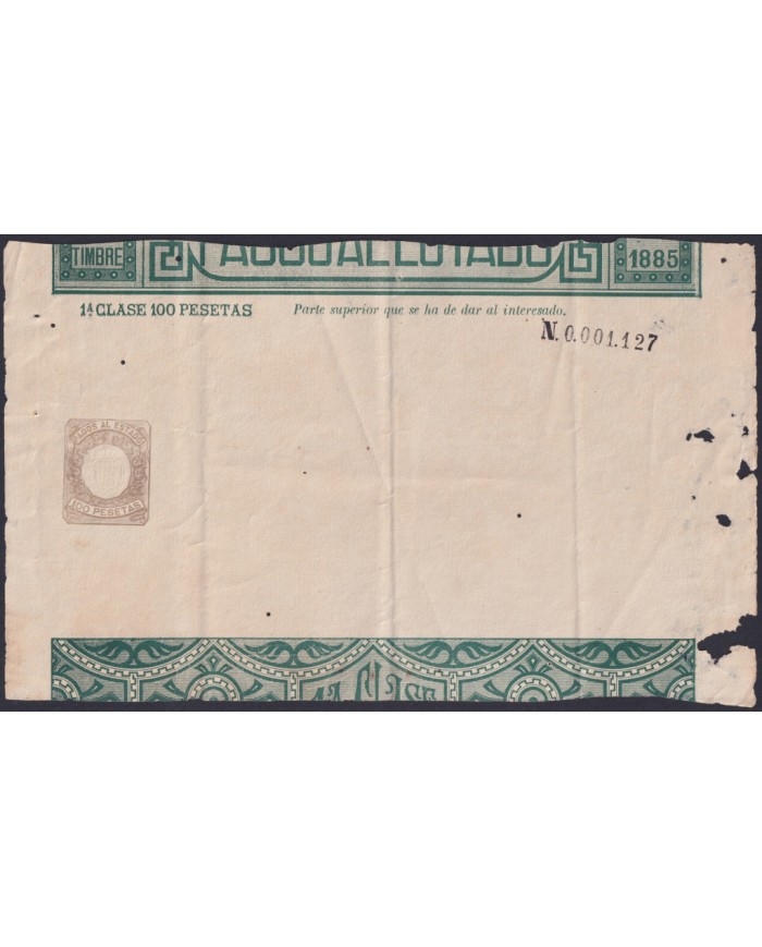 E6535 ESPAÑA SPAIN 1885 INGRESOS PAGOS AL ESTADO 100 ptas UNUSED.