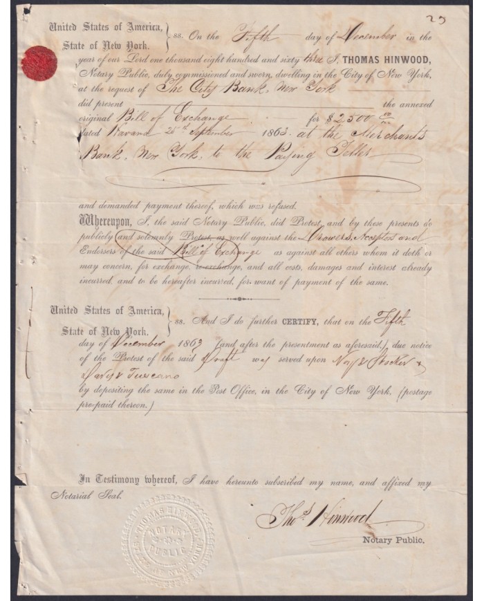 E6536 US USA PROTESTED BILL OF EXCHANGE MERCANT DOC REVENUE STAMPS.