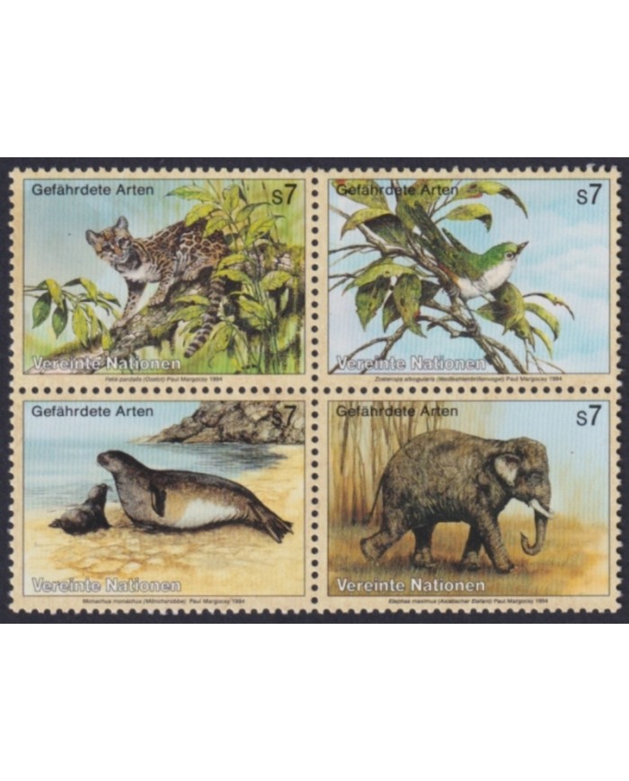 F-EX50182 UNITED NATIONS WIEN MNH 1994 WILDLIFE BIRD SEAL ELEPHANT OZELOT FELINE.