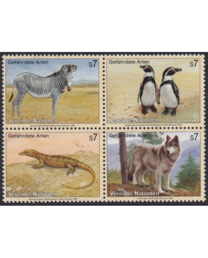 F-EX50179 UNITED NATIONS WIEN MNH 1993 WILDLIFE PENGUIN WOLF ZEBRA LIZARD.
