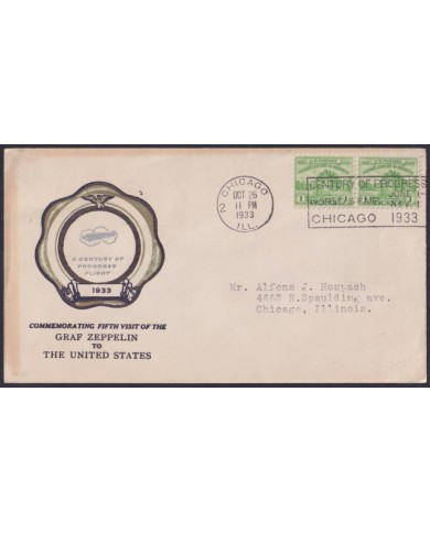 F-EX50403 USA US 1933 FDC COMMEMORATING VISIT GRAF ZEPPELIN CHICAGO CENT OF PROGRESS.