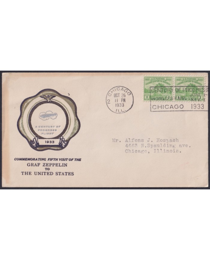 F-EX50403 USA US 1933 FDC COMMEMORATING VISIT GRAF ZEPPELIN CHICAGO CENT OF PROGRESS.