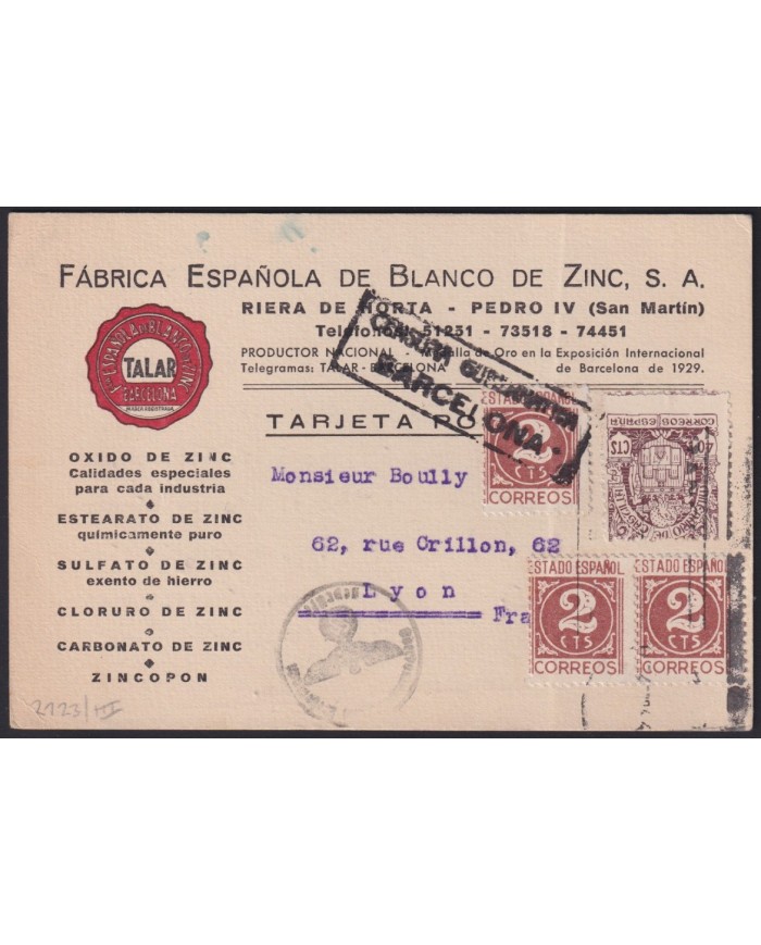 F-EX41024 SPAIN ESPAÑA 1944 BUSSINES CARD BARCELONA GERMANY CENSORSHIP FRANCE.