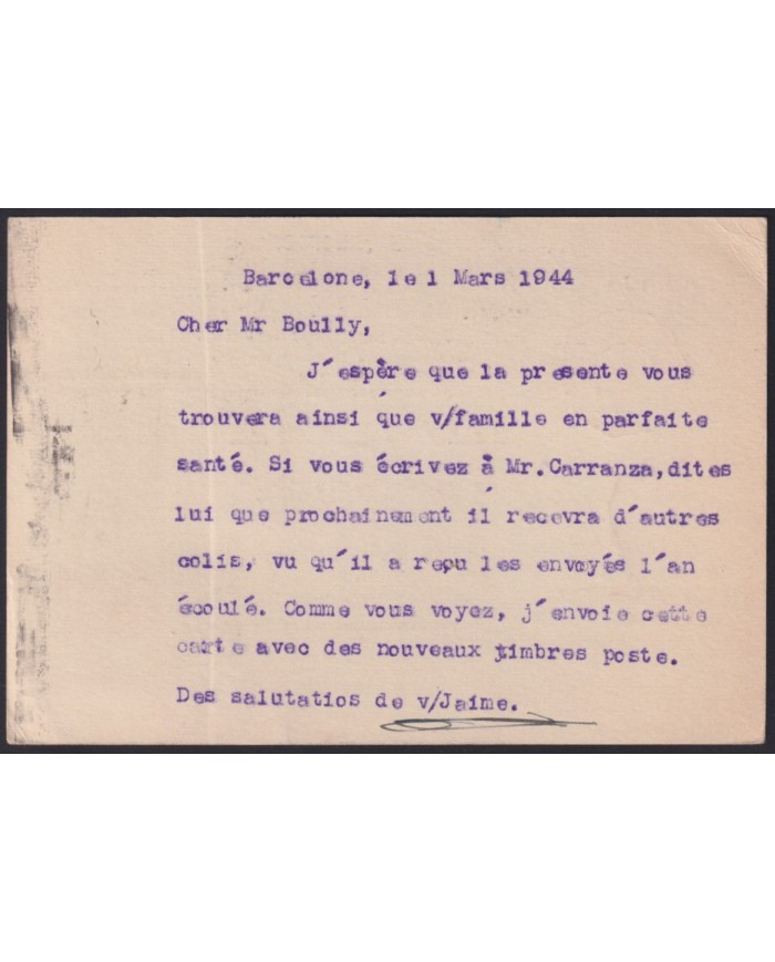 F-EX41024 SPAIN ESPAÑA 1944 BUSSINES CARD BARCELONA GERMANY CENSORSHIP FRANCE.