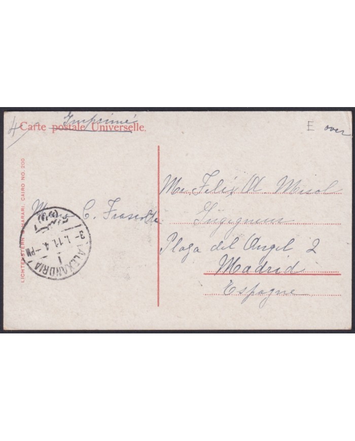 F-EX45323 EGYPT 1911 POSTCARD ALEXANDRIE ARCHEOLOGY KARNAK TEMPLE TO SPAIN.