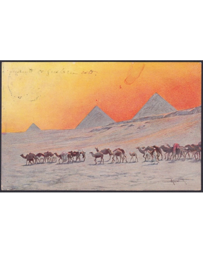 F-EX45326 EGYPT 1912 POSTCARD ALEXANDRIE ARCHEOLOGY CAMELS & PYRAMIDS TO SPAIN.