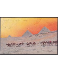 F-EX45326 EGYPT 1912 POSTCARD ALEXANDRIE ARCHEOLOGY CAMELS & PYRAMIDS TO SPAIN.