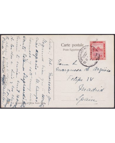 F-EX45326 EGYPT 1912 POSTCARD ALEXANDRIE ARCHEOLOGY CAMELS & PYRAMIDS TO SPAIN.
