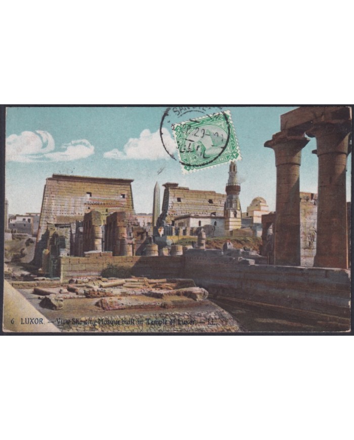 F-EX45332 EGYPT 1912 POSTCARD ALEXANDRIE ARCHEOLOGY LUXOR TEMPLE TO SPAIN.