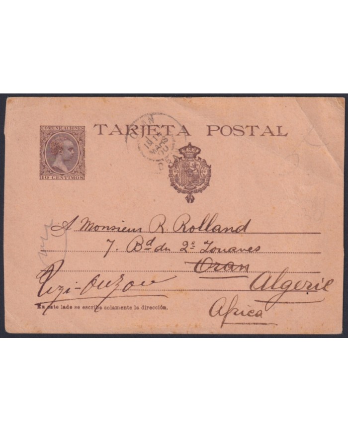F-EX45690 ESPAÑA SPAIN 1900 STATIONERY PUERTO DE SANTA MARIA TO ALGERIA ARGELIA.
