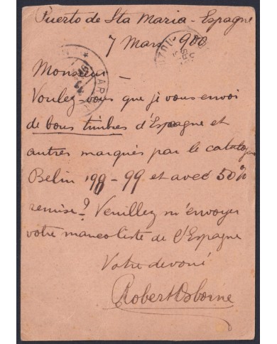 F-EX45690 ESPAÑA SPAIN 1900 STATIONERY PUERTO DE SANTA MARIA TO ALGERIA ARGELIA.
