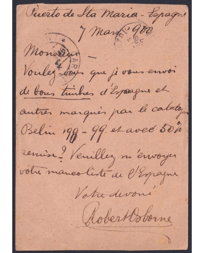F-EX45690 ESPAÑA SPAIN 1900 STATIONERY PUERTO DE SANTA MARIA TO ALGERIA ARGELIA.