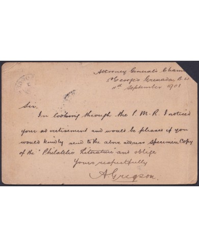 F-EX48624 GRENADA 1901 POSTAL STATIONERY CARD TO ENGLAND UK.