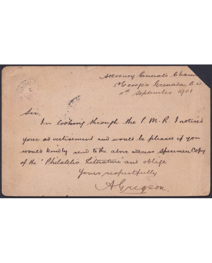 F-EX48624 GRENADA 1901 POSTAL STATIONERY CARD TO ENGLAND UK.