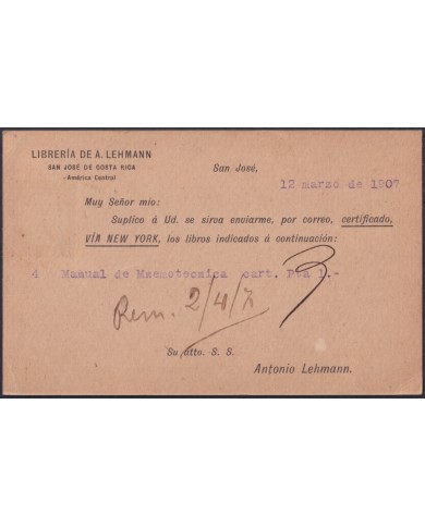 F-EX48633 COSTA RICA 1901 BOOK LIBRARY SPECIAL CARD TO BARCELONA, SPAIN.