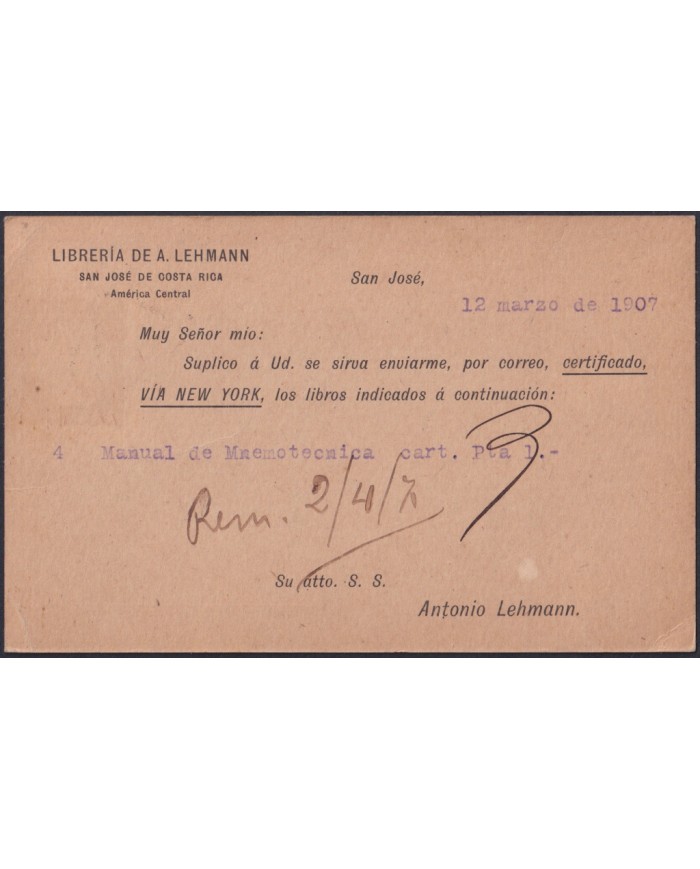 F-EX48633 COSTA RICA 1901 BOOK LIBRARY SPECIAL CARD TO BARCELONA, SPAIN.