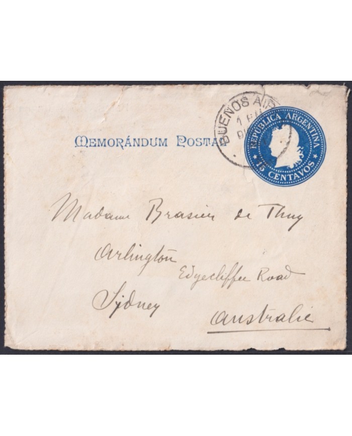 F-EX48660 ARGENTINA 190? MEMORANDUM POSTAL STATIONERY TO AUSTRALIA FRONT COVER.