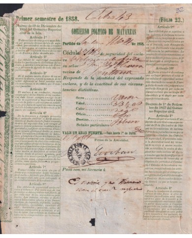 E6511 SPAIN ANTILLES 1858 CEDULA DE SEGURIDAD DE ESCLAVOS SLAVERY MATANZAS.
