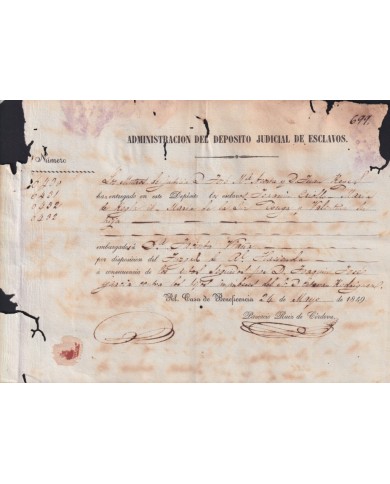 E6519 SPAIN ANTILLES 1849 DEPOSITO JUDICIAL DE ESCLAVOS SLAVERY SLAVE.