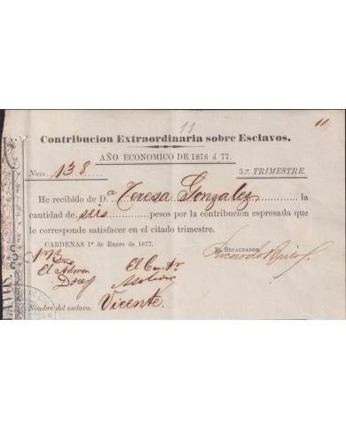 E6520 SPAIN ANTILLES 1877 CONTRIBUCION SOBRE ESCLAVOS SLAVERY CARDENAS.