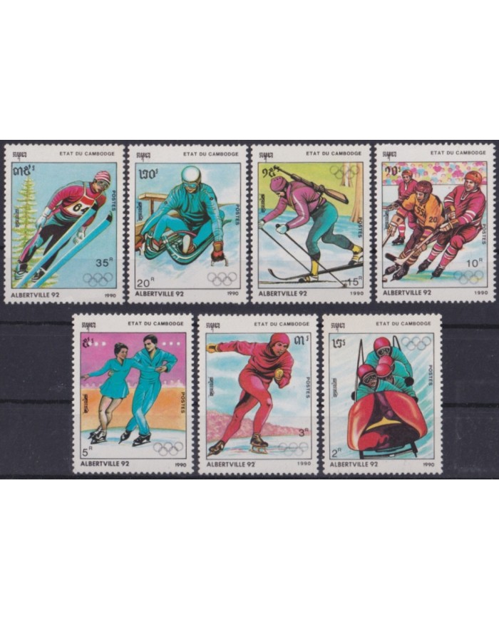 F-EX49422 CAMBODIA 1990 ALBERTVILLE PRE OLYMPIC GAMES SKII SKIITING.