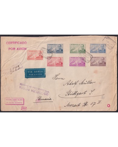 F-EX40084 SPAIN ESPAÑA 1940 WWII REGIST LA CIERVA TENERIFE TO GERMANY CENSORSHIP.