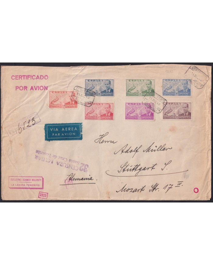 F-EX40084 SPAIN ESPAÑA 1940 WWII REGIST LA CIERVA TENERIFE TO GERMANY CENSORSHIP.