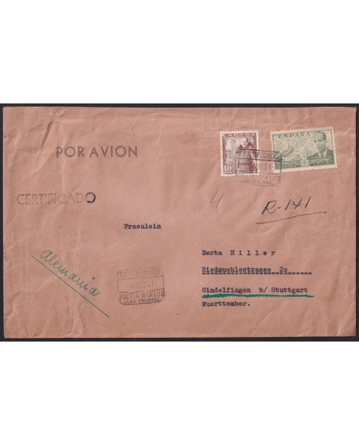 F-EX40085 SPAIN ESPAÑA 1951 REGISTERED PUERTO DE LA LUZ CANARIAS TO GERMANY.