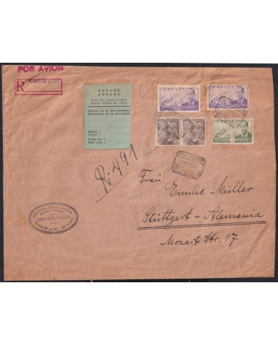 F-EX40086 SPAIN ESPAÑA 1953 REGISTERED PUERTO DE LA LUZ CANARIAS TO GERMANY.