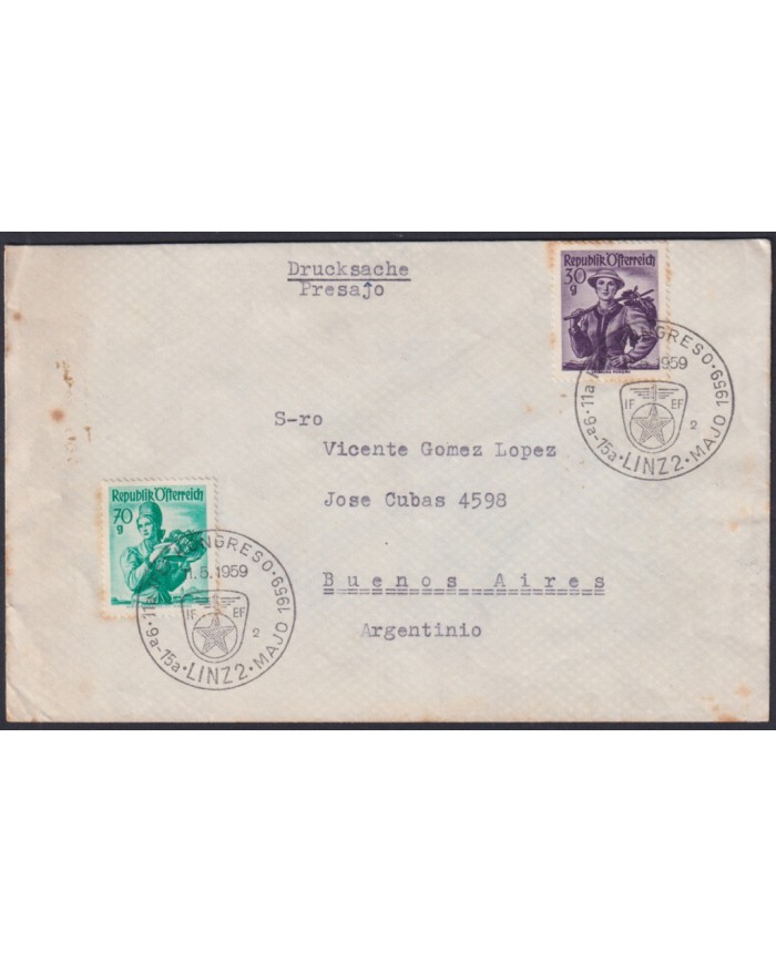 F-EX49708 AUSTRIA 1959 ESPERANTO 11º CONGRESS LINZ SPECIAL CANCEL.