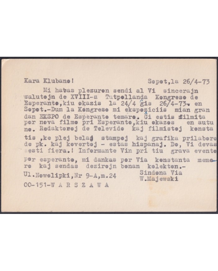 F-EX49709 POLAND 1973 ESPERANTO 18º CONGRESS SPECIAL CANCEL.