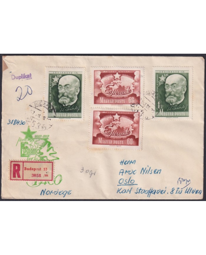 F-EX49714 HUNGARY 1957 REGISTERED ESPERANTO CENSORSHIP.