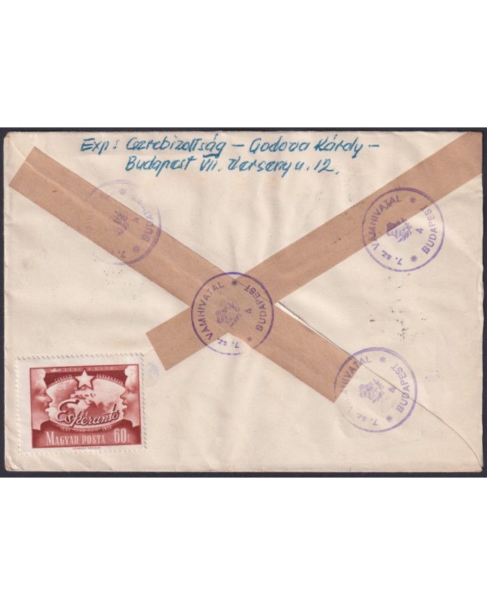 F-EX49714 HUNGARY 1957 REGISTERED ESPERANTO CENSORSHIP.