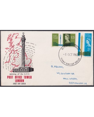F-EX51191 UK ENGLAND FDC 1965 UK POST OFFICE TOWE LONDON BIRMINGHAM POSTMARK.