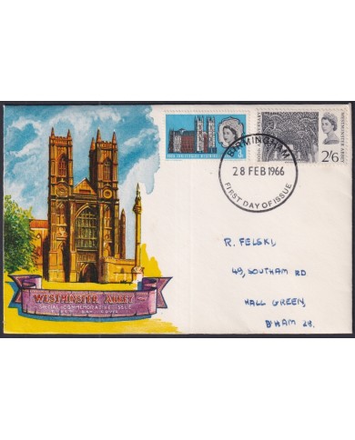 F-EX51196 UK ENGLAND FDC 1966 UK WESTMINSTER ABBEY BIRMINGHAM POSTMARK.