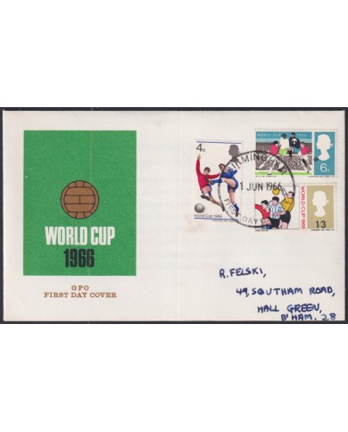 F-EX51197 UK ENGLAND FDC 1966 SOCCER WORLD CUP FOOTBALL BIRMINGHAM POSTMARK.