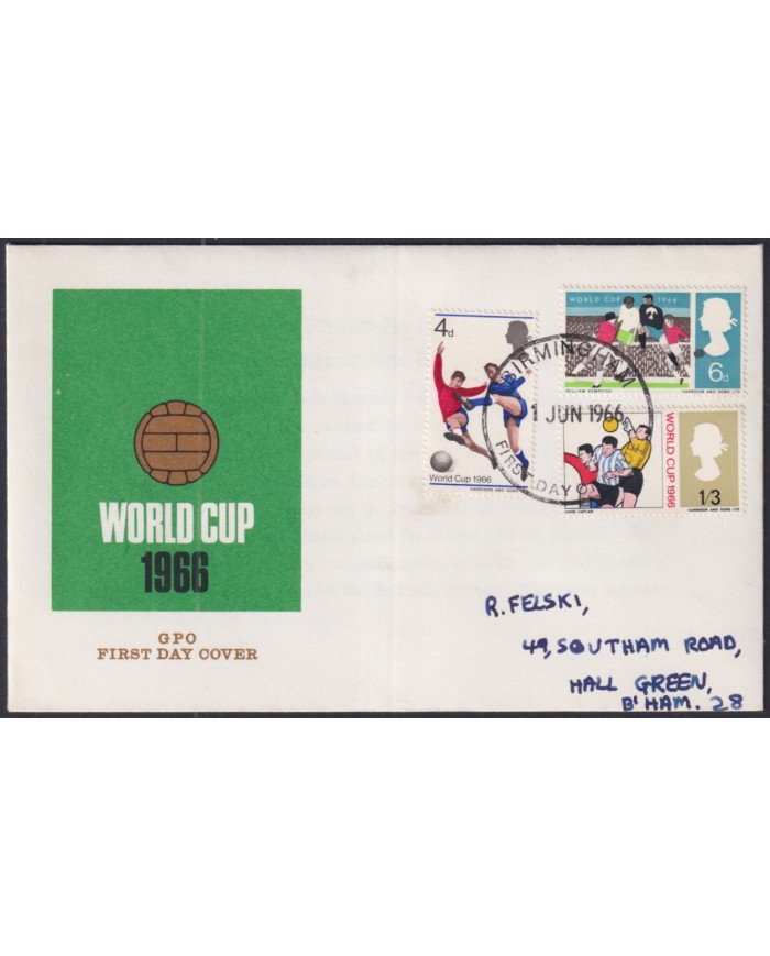 F-EX51197 UK ENGLAND FDC 1966 SOCCER WORLD CUP FOOTBALL BIRMINGHAM POSTMARK.