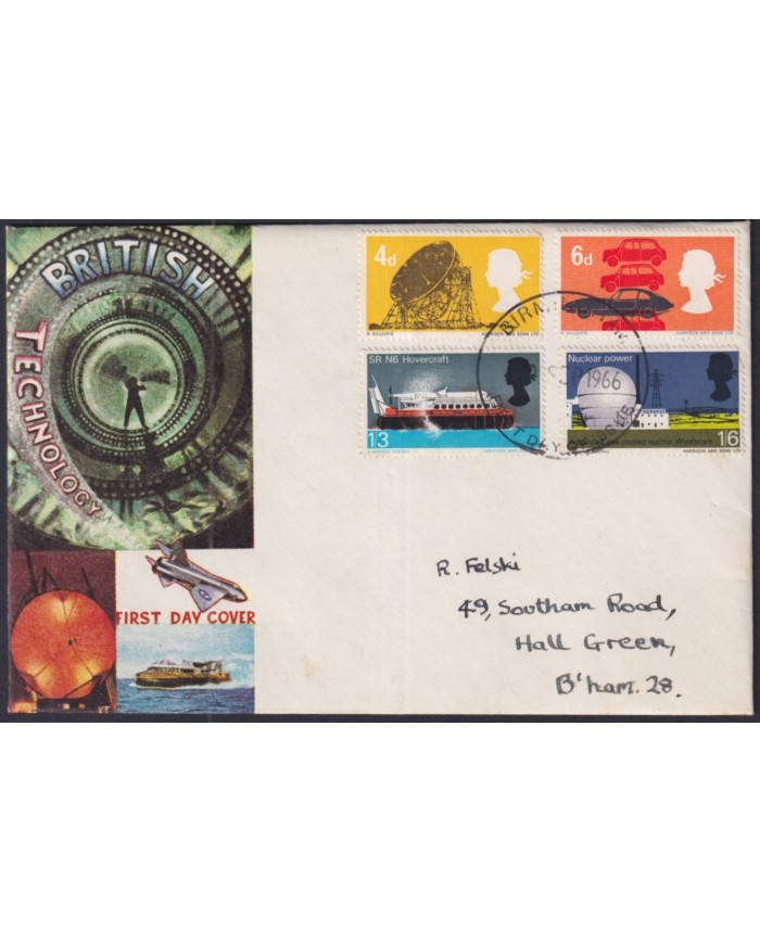 F-EX51200 UK ENGLAND FDC 1967 UK TECHNOLOGY RADAR AUTOMOVIL SHIP BIRMINGHAM POSTMARK.