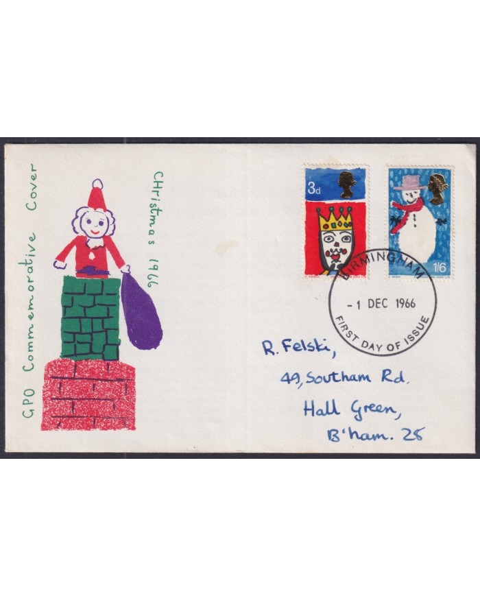 F-EX51201 UK ENGLAND FDC 1967 UK CHRISTMAS NAVIDAD CHILD DRAWING BIRMINGHAM POSTMARK.