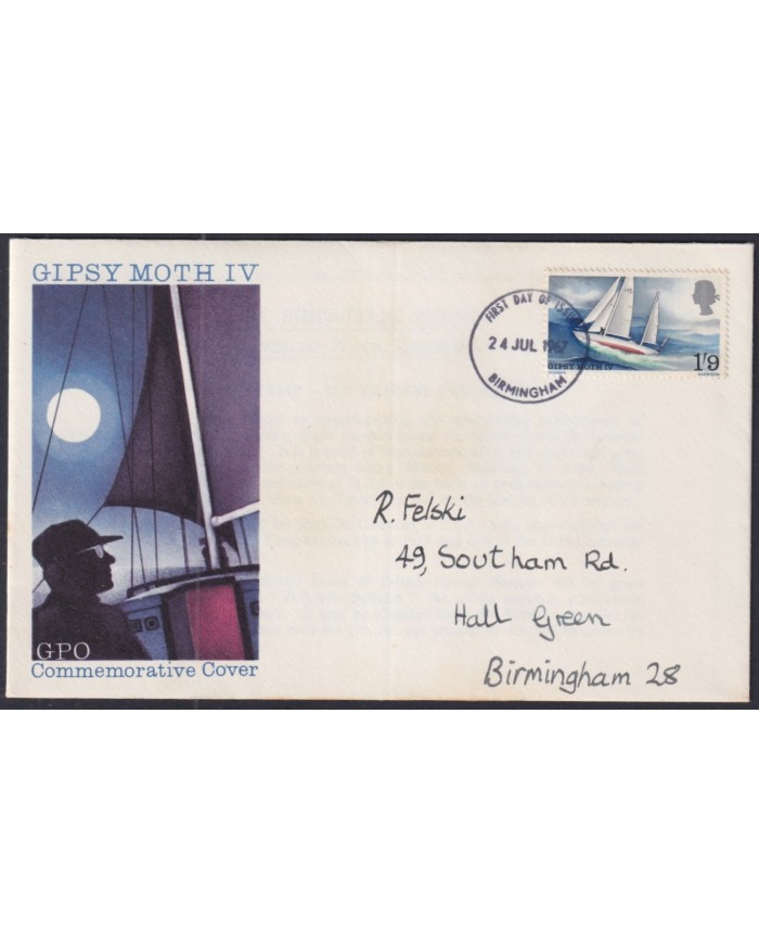 F-EX51203 UK ENGLAND FDC 1967 UK GYPSY MOTH IV FRANCIS CHICHESTER SHIP BIRMINGHAM POSTMARK.
