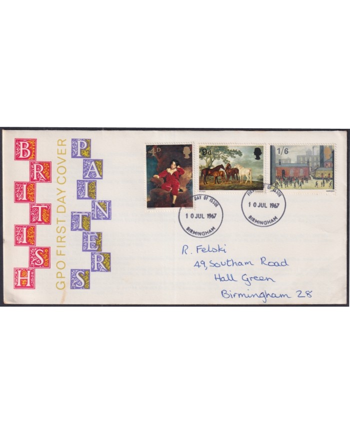 F-EX51205 UK ENGLAND FDC 1967 UK ART PAINTERS PAINTING BIRMINGHAM POSTMARK.