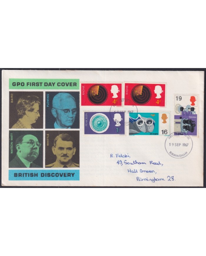 F-EX51206 UK ENGLAND FDC 1967 UK DISCOVERY FLEMING BAIRD TV RADAR PENICILLIN BIRMINGHAM POSTMARK.