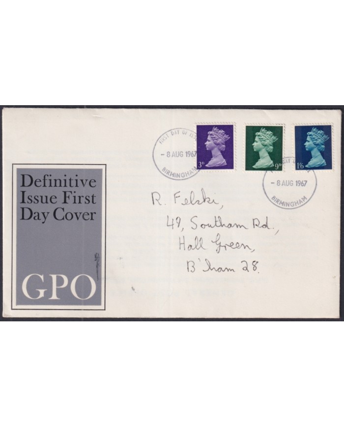 F-EX51208 UK ENGLAND FDC 1967 UK MACHIN DEFINITIVE AUG/ 8 BIRMINGHAM POSTMARK.