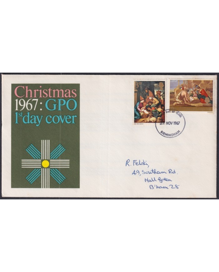 F-EX51211 UK ENGLAND FDC 1967 UK CHRISTMAS NAVIDAD ART BIRMINGHAM POSTMARK.
