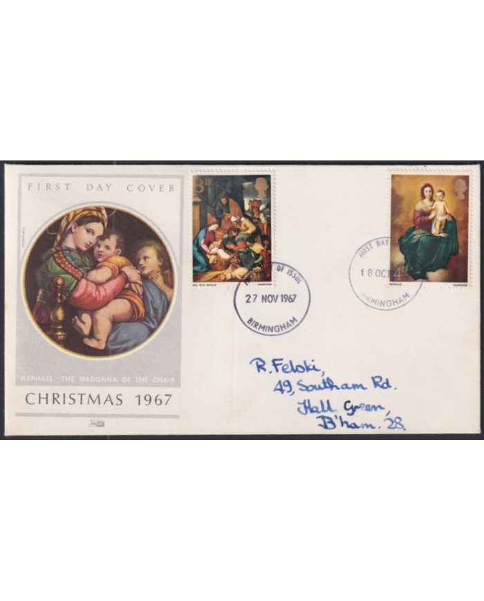 F-EX51212 UK ENGLAND FDC 1967 UK CHRISTMAS NAVIDAD ART MURILLO MADONNA BIRMINGHAM POSTMARK.