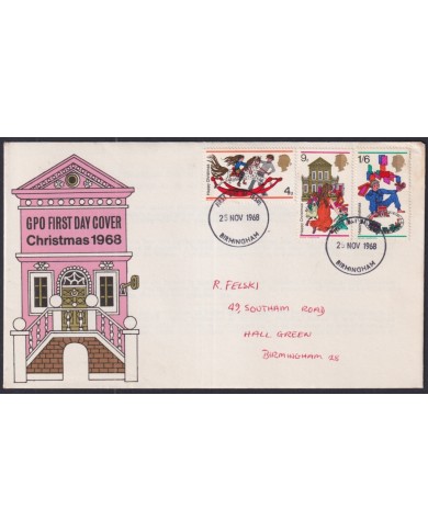 F-EX51214 UK ENGLAND FDC 1968 UK CHRISTMAS NAVIDAD CHILD DRAWING BIRMINGHAM POSTMARK.