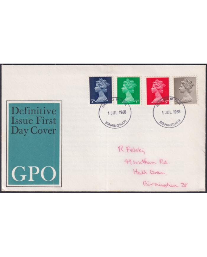 F-EX51215 UK ENGLAND FDC 1968 UK MACHIN DEFINITIVE JUL/ 1 BIRMINGHAM POSTMARK.