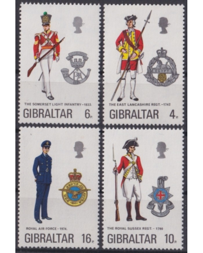 F-EX48371 GIBRALTAR MNH 1974 MILITAR REGIMENT COSTUMES UNIFORMS.