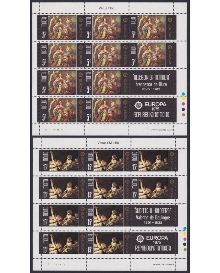 F-EX47964 MALTA MLH (BORDER) 1975 EUROPA ART PAINTING VALENTIN BOULOGNE SHEET.